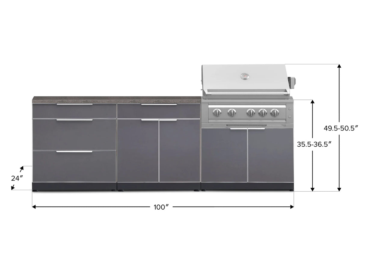 Outdoor Kitchen Aluminum 5 Piece Cabinet Set with 3 Drawer, Bar, Grill Cabinet, Platinum Grill and Countertop