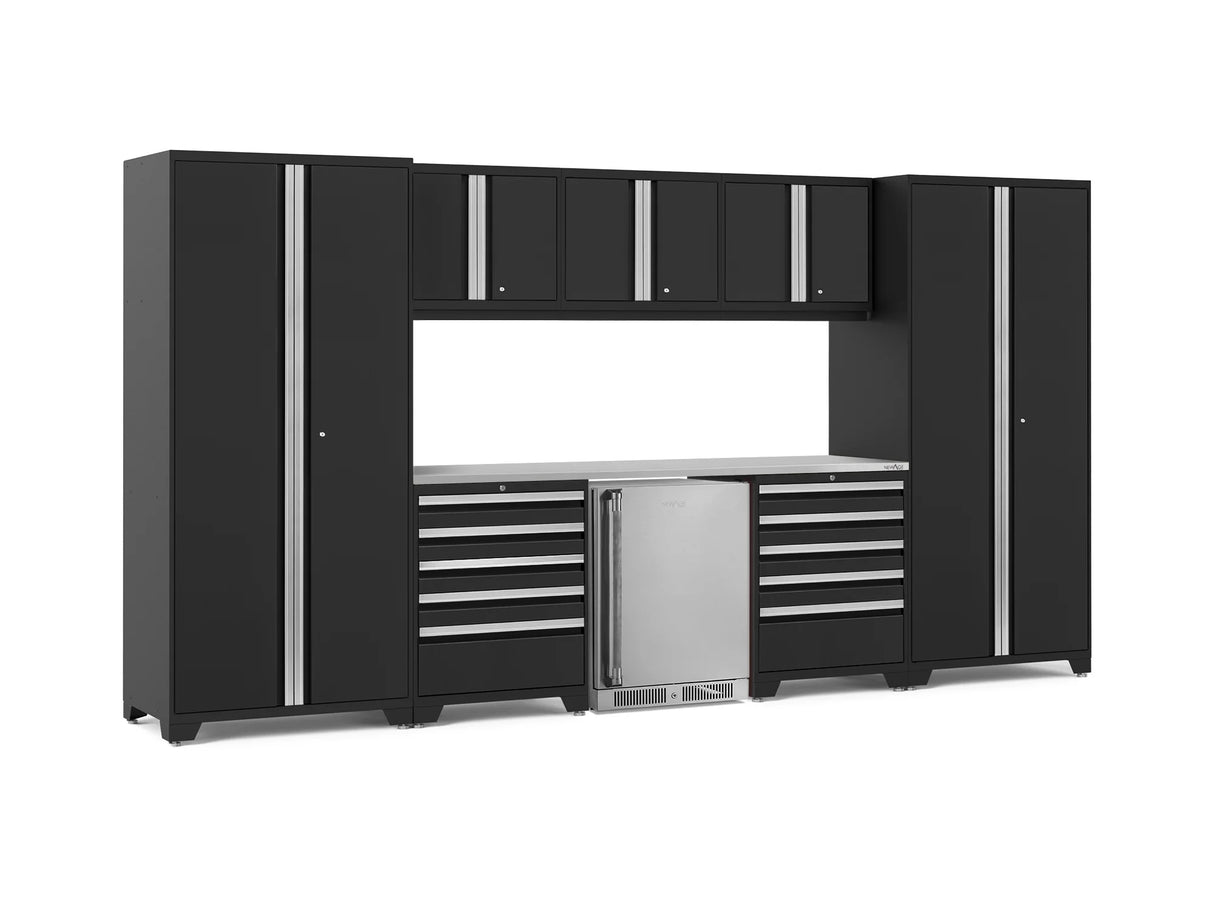 Pro Series 9 Piece Cabinet Set with Wall, Tool Drawer Cabinet, Lockers, and Stainless Steel Door Fridge