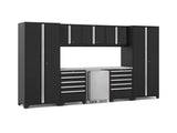 Pro Series 9 Piece Cabinet Set with Wall, Tool Drawer Cabinet, Lockers, and Stainless Steel Door Fridge