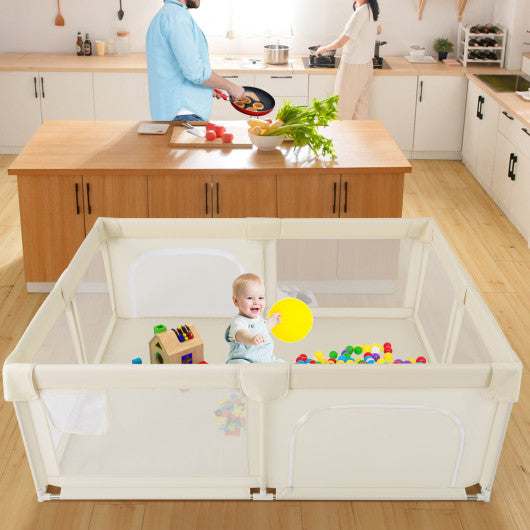 75 x 59 Inch Large Baby Playpen with Breathable Mesh and Zipper Doors-Beige