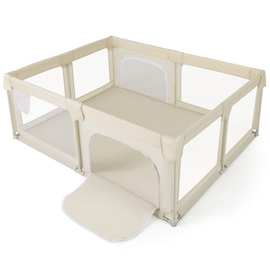 75 x 59 Inch Large Baby Playpen with Breathable Mesh and Zipper Doors-Beige