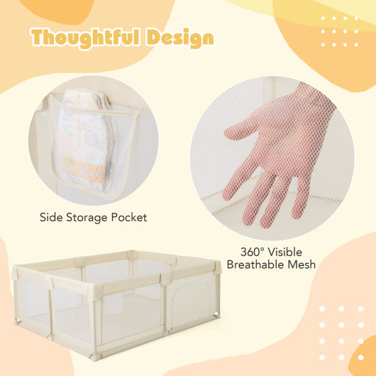 75 x 59 Inch Large Baby Playpen with Breathable Mesh and Zipper Doors-Beige