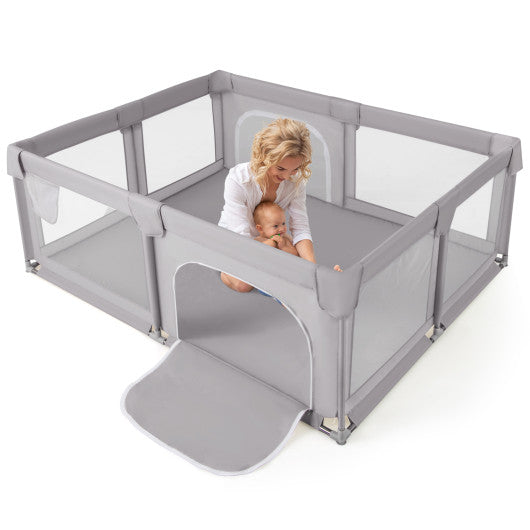 75 x 59 Inch Large Baby Playpen with Breathable Mesh and Zipper Doors-Gray