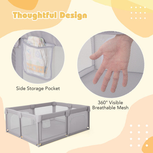 75 x 59 Inch Large Baby Playpen with Breathable Mesh and Zipper Doors-Gray