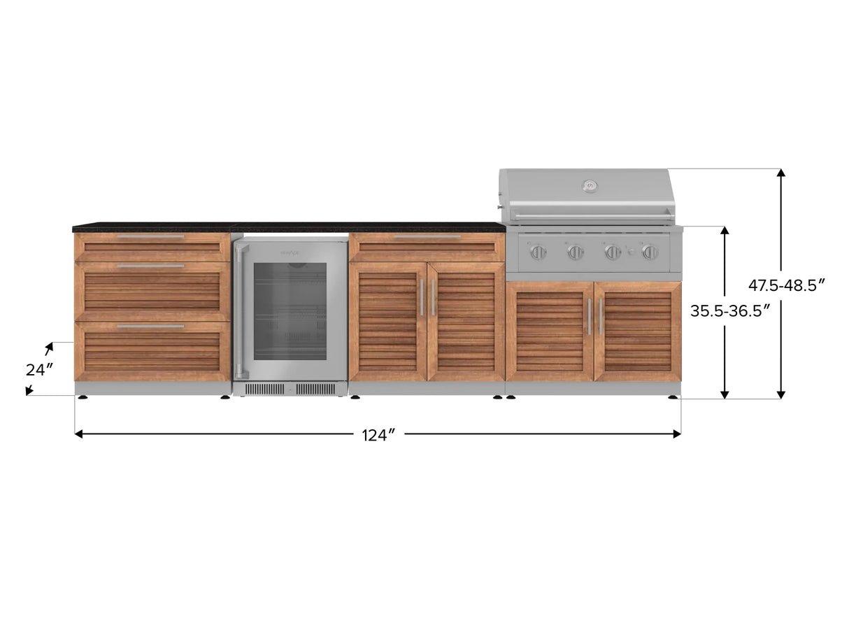 Outdoor Kitchen Stainless Steel 7 Piece Cabinet Set with 3-Drawer, Bar, Grill Cabinet, Performance Grill, Countertops, and Glass Door Fridge