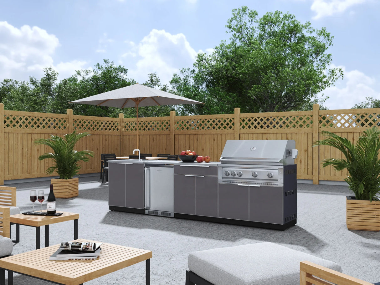 Outdoor Kitchen Aluminum 6 Piece Cabinet Set with Sink, Bar, Grill Cabinet, Platinum Grill, Countertop and Stainless Steel Door Fridge