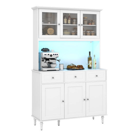 77 Inches Kitchen Pantry Storage Cabinet with LED Lights and Power Outlets-White
