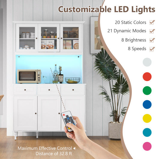 77 Inches Kitchen Pantry Storage Cabinet with LED Lights and Power Outlets-White