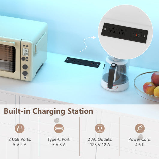 77 Inches Kitchen Pantry Storage Cabinet with LED Lights and Power Outlets-White