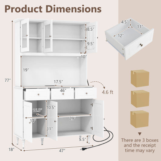 77 Inches Kitchen Pantry Storage Cabinet with LED Lights and Power Outlets-White
