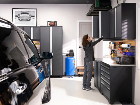 Pro Series 7 Piece Cabinet Set with Base, Wall, Tool Drawer Cabinet, Lockers and 56 In. Worktop