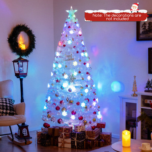 5/6/7 Feet Pre-Lit White Artificial Christmas Tree with Iridescent Leaves-7 ft