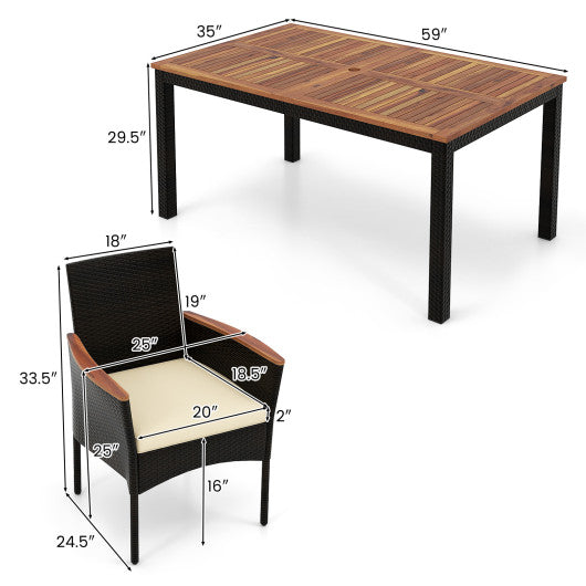 7 Pieces Rattan Patio Dining Set with Stackable Chairs and Umbrella Hole