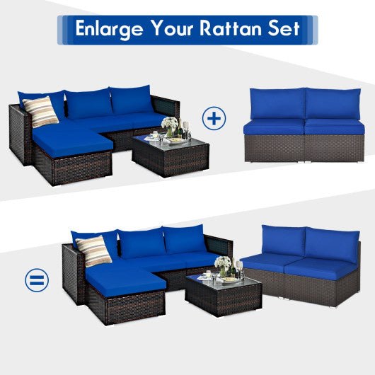 2 Pieces Patio Rattan Armless Sofa Set with 2 Cushions and 2 Pillows-Navy