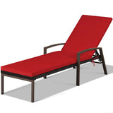 Patio Rattan Lounge Chaise Recliner with Back Adjustable Cushioned-Red