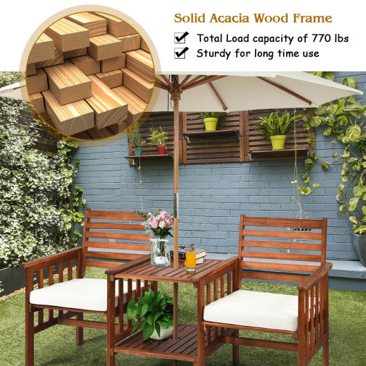 3 pcs Outdoor Patio Table Chairs Set Acacia Wood Loveseat-White