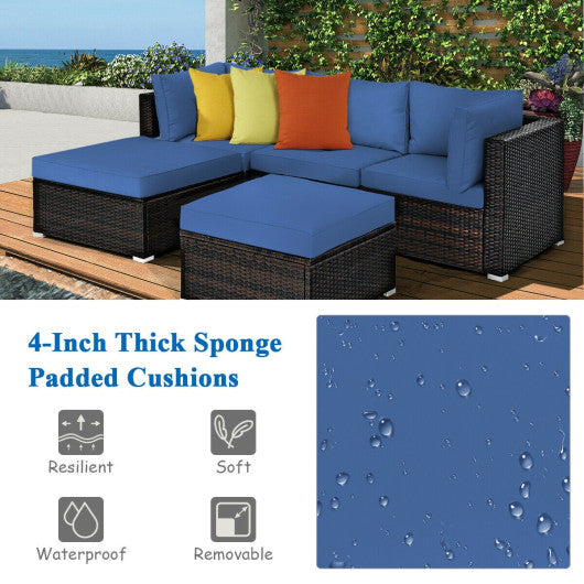 5 Pieces Patio Rattan Sofa Set with Cushion and Ottomans-Navy