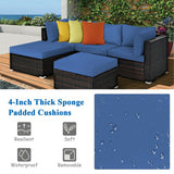 5 Pieces Patio Rattan Sofa Set with Cushion and Ottomans-Navy