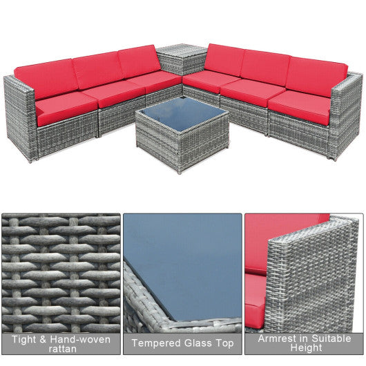 8 Piece Wicker Sofa Rattan Dinning Set Patio Furniture with Storage Table-Red