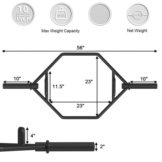 56 Inch Olympic Hexagon Deadlift Trap Bar with Folding Grips Powerlifting-Black