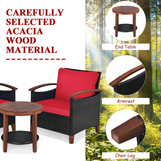 3 Pieces Patio Rattan Furniture Set with Washable Cushion and Acacia Wood Tabletop-Red