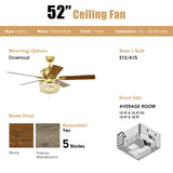 52 Inch Retro Ceiling Fan Light with Reversible Blades Remote Control-Golden