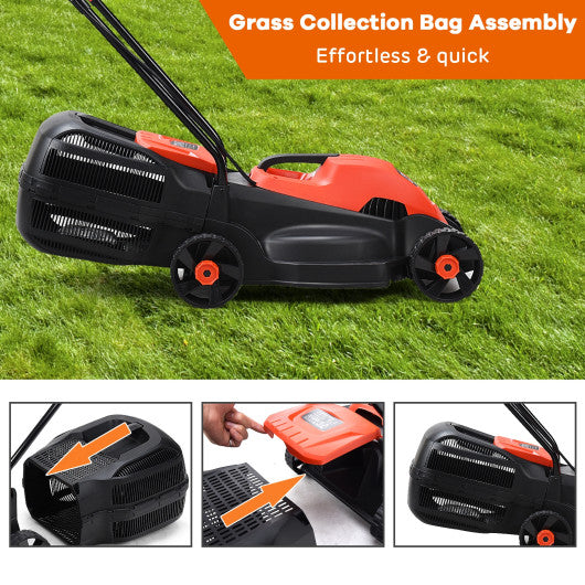 14 Inch Electric Push Lawn Corded Mower with Grass Bag-Red