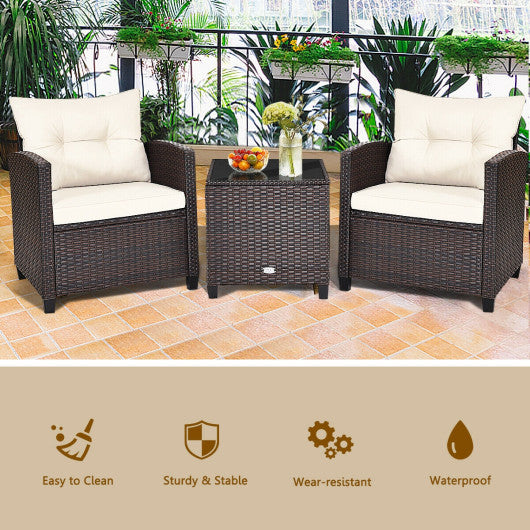 3 Pieces Patio Rattan Furniture Set Cushioned Conversation Set Coffee Table-White