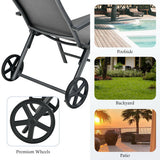 Patio Lounge Chair with Wheels Neck Pillow Aluminum Frame Adjustable-Gray