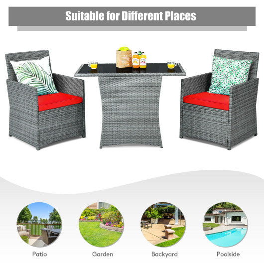 3 Pieces Patio Rattan Furniture Set with Cushioned Armrest Sofa-Red