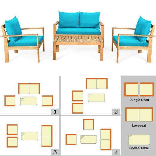 Outdoor 4 Pieces Acacia Wood Chat Set with Water Resistant Cushions-Turquoise