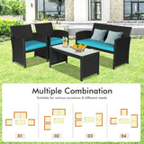 4 Pieces Rattan Patio Furniture Set with Weather Resistant Cushions and Tempered Glass Tabletop-Turquoise