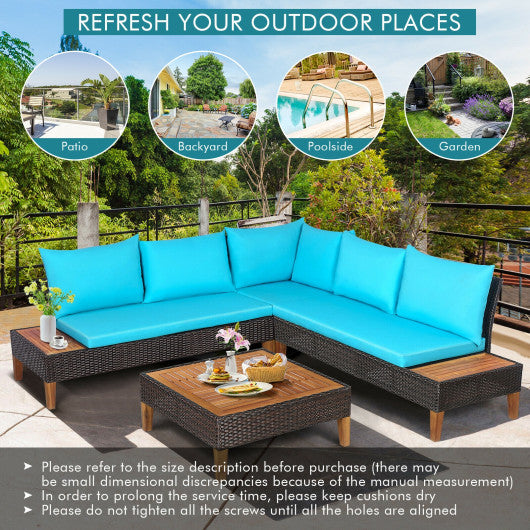 4 Pieces Patio Cushioned Rattan Furniture Set with Wooden Side Table-Turquoise