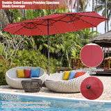 15 Feet Twin Patio Umbrella with 48 Solar LED Lights-Dark Red