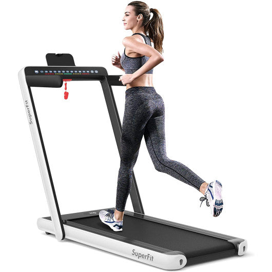 2-in-1 Electric Motorized Health and Fitness Folding Treadmill with Dual Display and Speaker-White