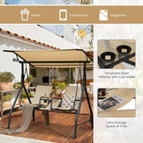 2-Seat Outdoor Cushioned Porch Swing with Adjustable Canopy and Tempered Glass Table-Beige