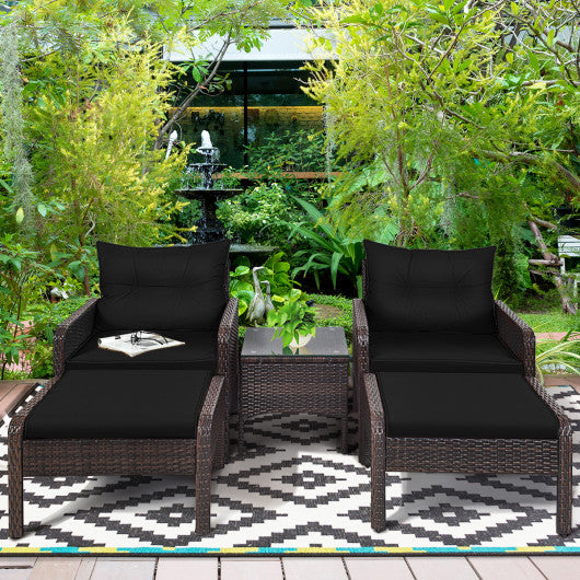 5 Pieces Patio Rattan Sofa Ottoman Furniture Set with Cushions-Black