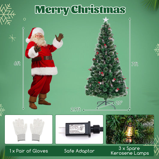 5/6/7 Feet Artificial Christmas Tree with Red Berries and Kerosene Lamps-7 ft