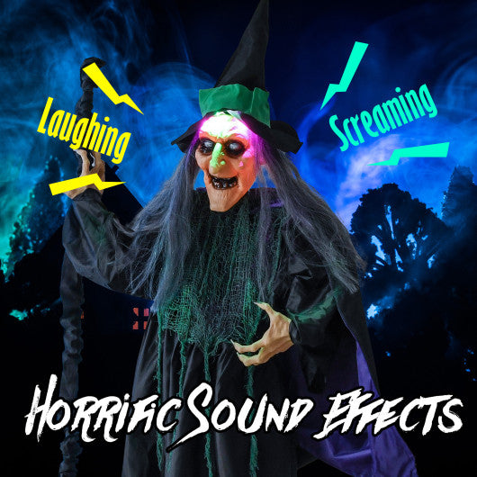 7 Feet Witch on Broom Halloween Animatronic with LED Lights