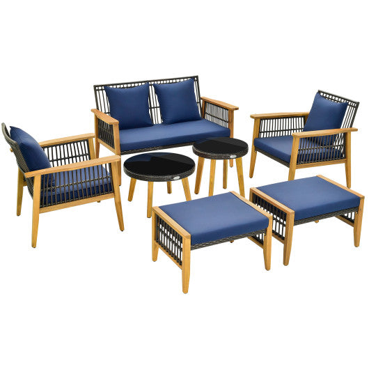 7 Piece Outdoor Conversation Set with Stable Acacia Wood Frame Cozy Seat & Back Cushions-Navy