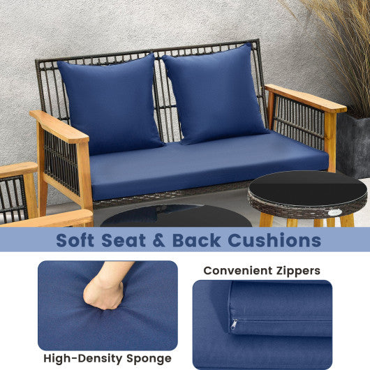 7 Piece Outdoor Conversation Set with Stable Acacia Wood Frame Cozy Seat & Back Cushions-Navy