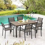 7 Piece Outdoor Dining Set with 6 Stackable Chairs and Large Rectangle Table-Gray