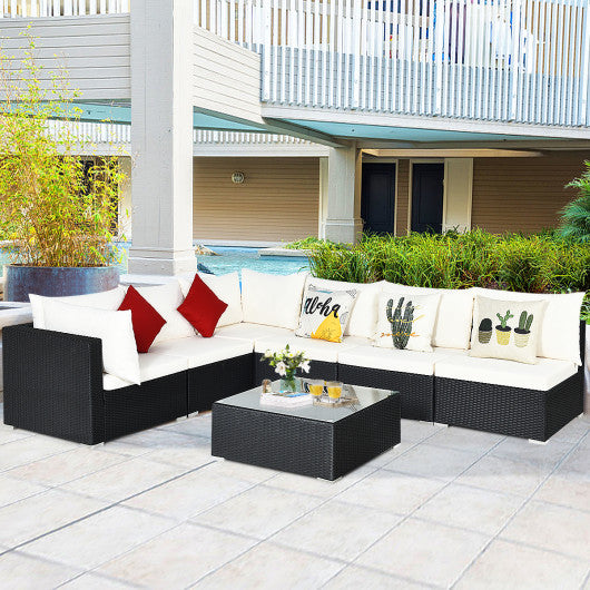 7 Pieces Sectional Wicker Furniture Sofa Set with Tempered Glass Top-Gray & Off White