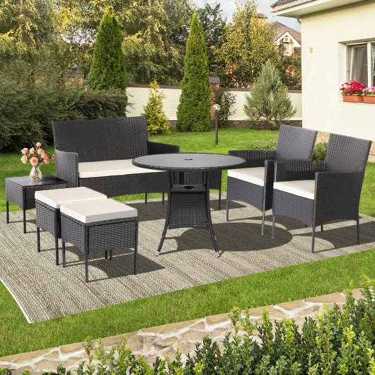 7 Piece Rustproof Wicker Outdoor Sofa Set with Coffee Tables and Ottomans