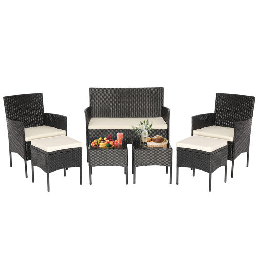 7 Piece Rustproof Wicker Outdoor Sofa Set with Coffee Tables and Ottomans