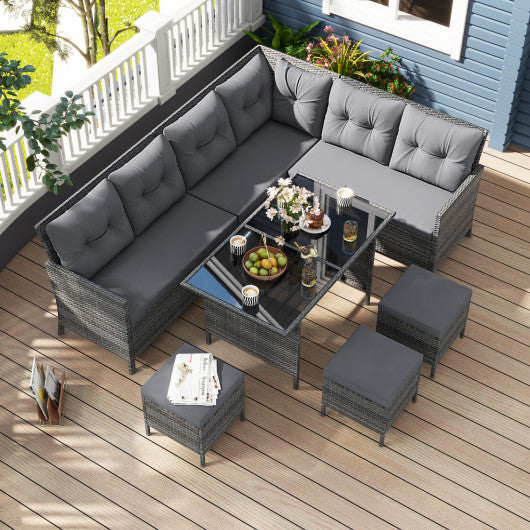 7 Pieces Patio Dining Furniture Set with Soft Cushions and Ottomans-Gray