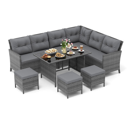 7 Pieces Patio Dining Furniture Set with Soft Cushions and Ottomans-Gray