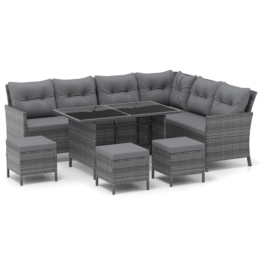 7 Pieces Patio Dining Furniture Set with Soft Cushions and Ottomans-Gray