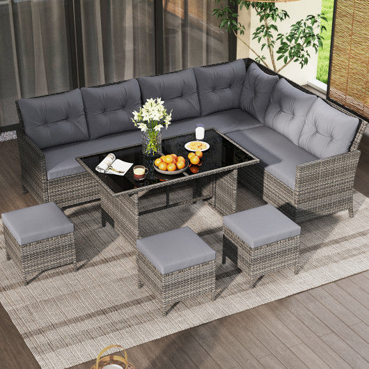 7 Pieces Patio Dining Furniture Set with Soft Cushions and Ottomans-Gray