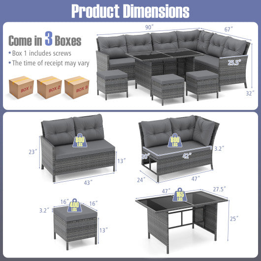 7 Pieces Patio Dining Furniture Set with Soft Cushions and Ottomans-Gray